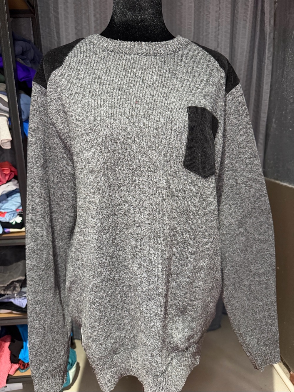 Buffalo David Bitton Gray Crewneck Sweater with Black Pocket Accents